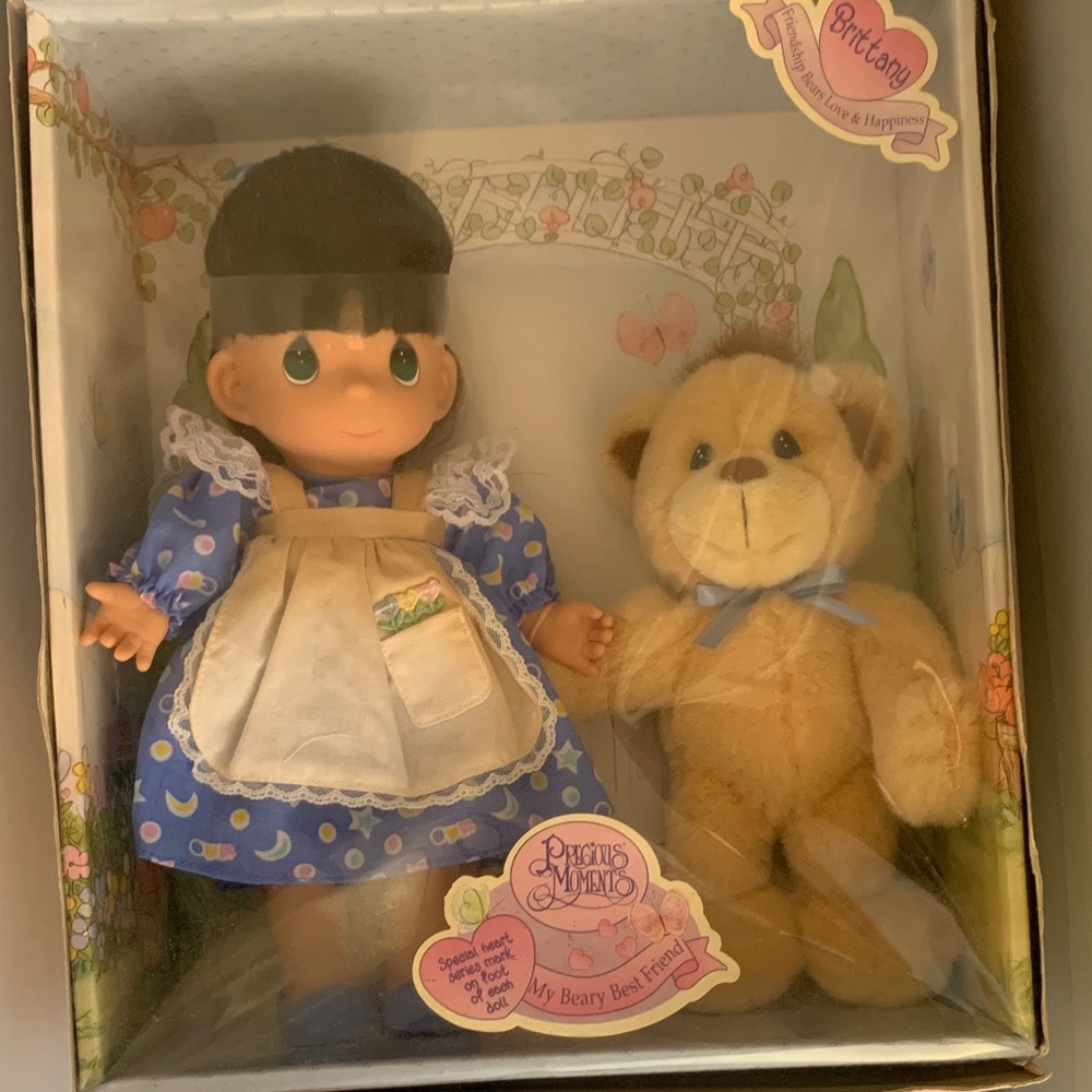 Precious Moments Blue Dress Doll with Brown Teddy Bear